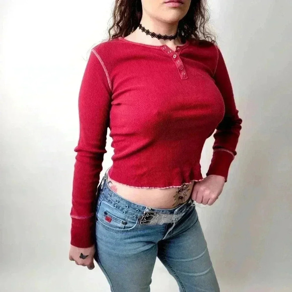 Vintage Tops - Vintage Y2K Cropped Frilly Long Sleeve Tee Shirt - L